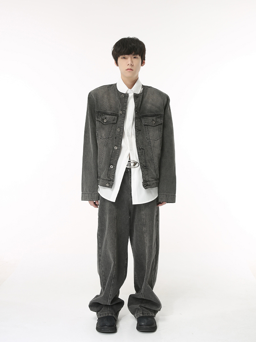 Mtlclothes ropa de Hombre | 2023 nuevo hombro pad sin cuello Denim chaqueta costura pantalones ins traje