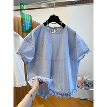 韩系蓝色娃娃衫上衣女夏季2025新款宽松休闲百搭套头圆领短袖衬衫