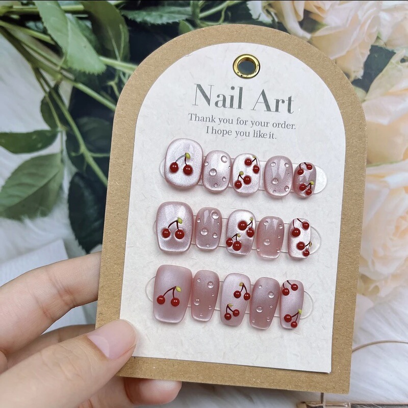 Small water drop Cherry hand-painted three-dimensional light luxury manicure handmade wear nail cat eye white fake nail nail patch