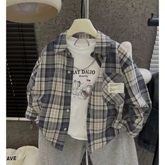 韓国風ベビー春夏チェック柄長袖シャツ、ラペル付き軽量チェック柄長袖シャツ