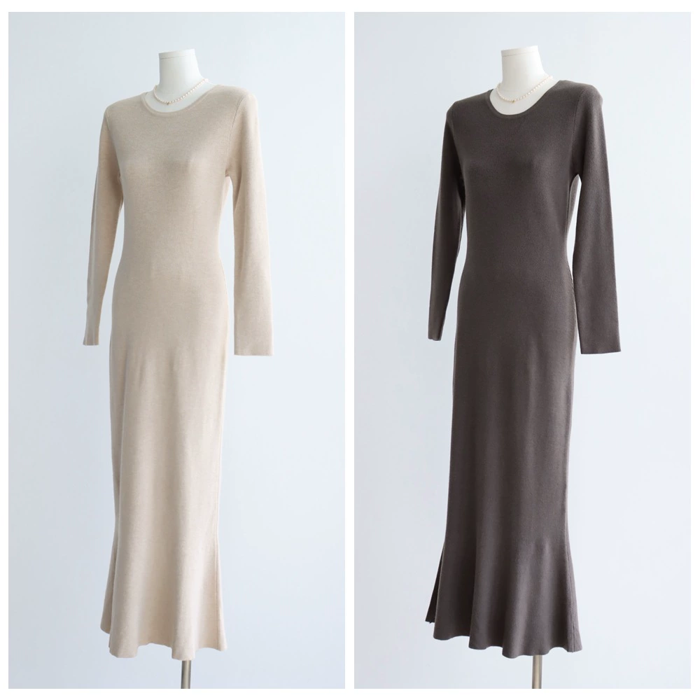 Вязаная юбка «рыбий хвост» из модала и хлопка с круглым вырезом, осенне-зимняя юбка с длинными рукавами и низом, тонкое французское платье в стиле ретро, теплое и плотное