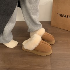真皮毛一体雪地靴半拖鞋短靴百搭厚底女鞋子秋外穿保暖棉鞋毛毛鞋