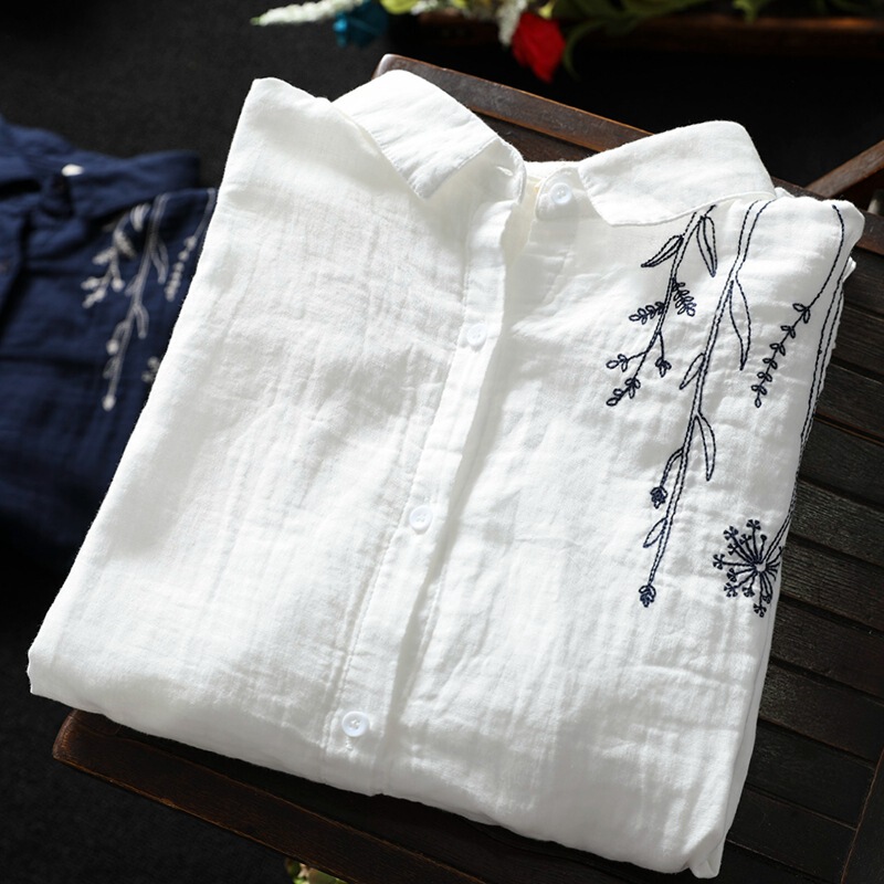 Trendy Versatile Women's Shirt 2026 Summer New Style Vintage Embroidered Turn-Down Collar Solid Color Cotton-Linen Long-Sleeve Top