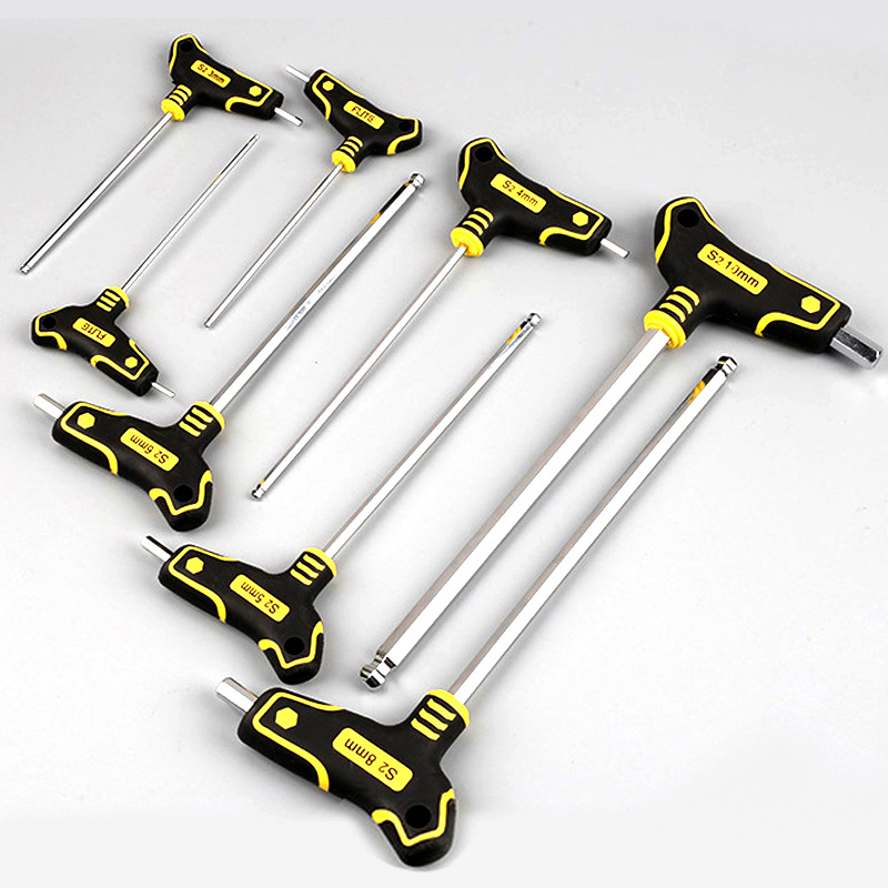 Llave hexagonal tipo T, destornillador angular de cabeza plana de bola única, herramienta de llave de bola alargada
