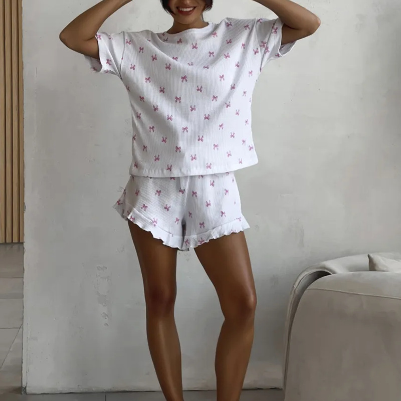 Dam pyjamas-set med rosettmönster och spetsshorts för hemmet_voghion.com