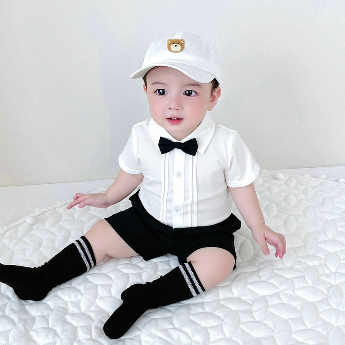 Boys' Pleated Bow Tie Shirt Kids Suit Summer Baby Fashionable Gentleman Dress Summer One-Year-Old Gift Clothes