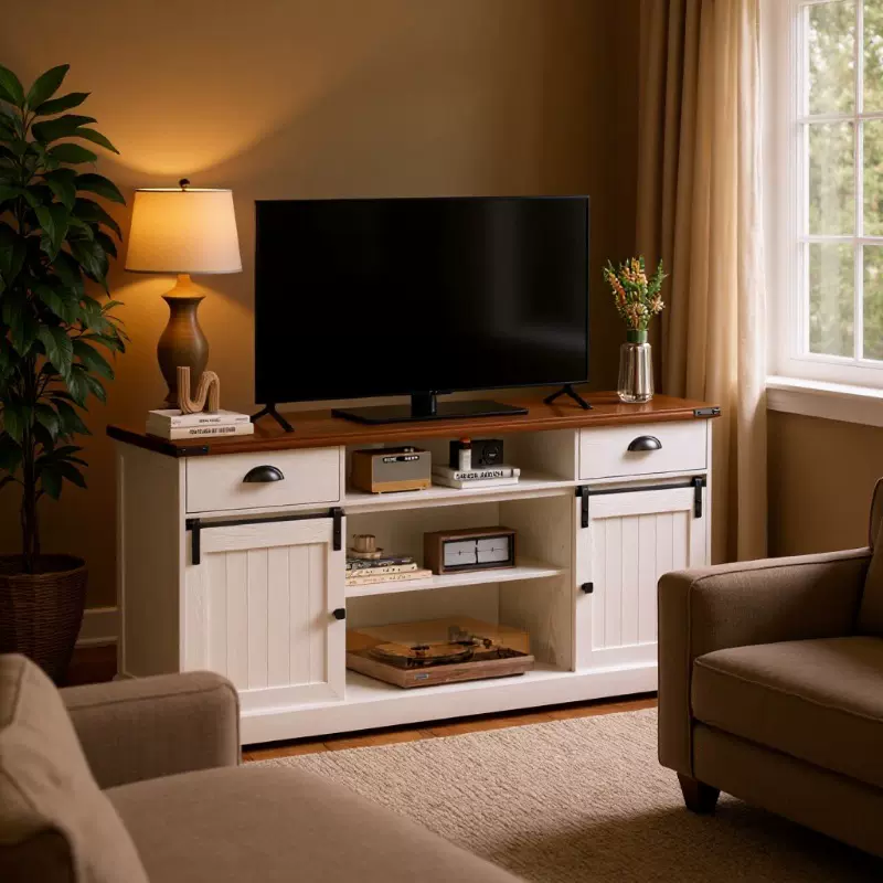 带滑动门和两个抽屉的农舍电视柜带有储物功能的乡村电视控制台