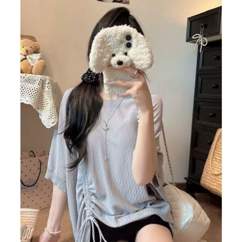 Summer knitted sweater with a round collar, plus size, drawstring, loose fit