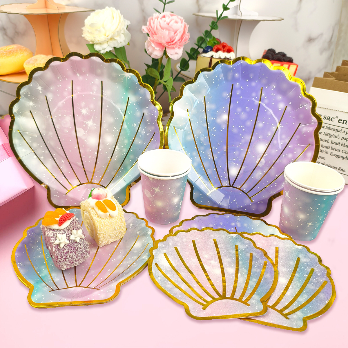 Luxuriöses Einweggeschirr-Set in Muschelform – Elegante Teller, Becher und Servietten (7 & 9 Zoll) – Umweltfreundlich und stilvoll für Strand- und Geburtstagsfeiern_voghion.com