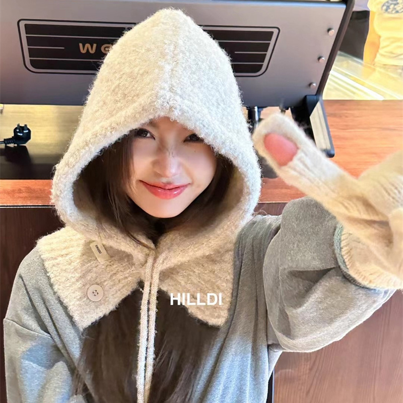 큰 머리 둘레 발라 클라 바 모자 여성의 가을과 겨울 새로운 니트 후드 넥 통합 따뜻한 귀 보호 울 모자