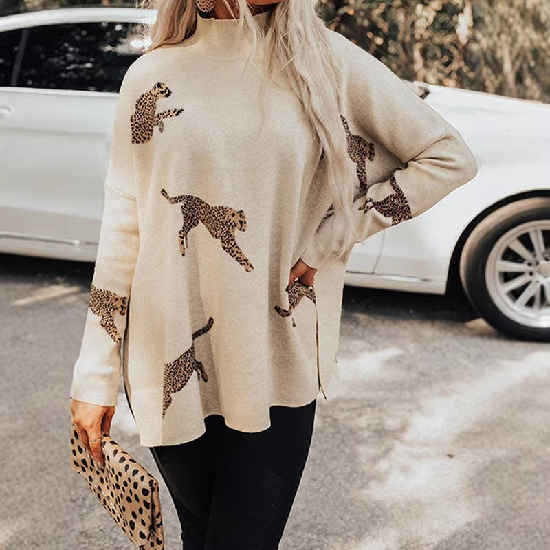 2025 New Winter Design Hem Slit Sweater for Women European and American Leopard Print Turtleneck Pullover Top for Women