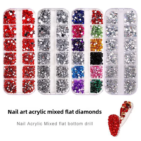 Nail Art Jewelry 12 Grids Acrylic Rhinestone Silver Bottom Transparent White Size Mixed Flats Bottom Diamond Ab Colorful Nail Diamond