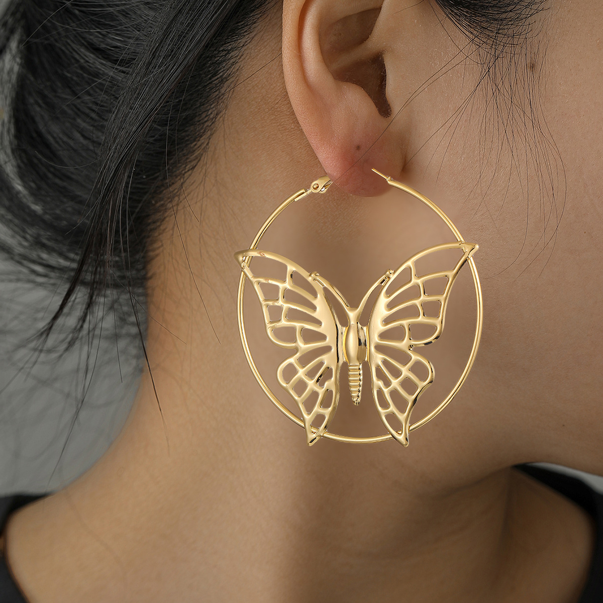 1 Par Exagerado Mariposa Ahuecar Metal Pendientes De Aro display picture 2