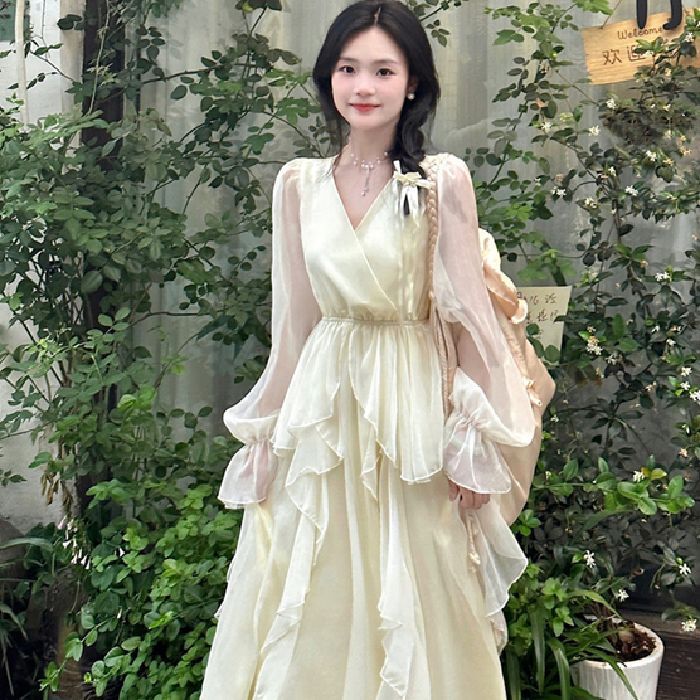 優しいスタイルのドレス、妖精、スーパーフェアリー、高級フレンチスタイル、海辺の休暇、アプリコットの長袖スカート、春と秋のスタイル|undefined