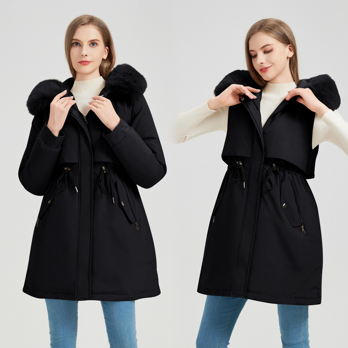 Nuevo comercio exterior cuello de cabello largo medio para superar la ropa de algodón de mujer desmontable manga de algodón grueso abrigo de invierno cálido image 3