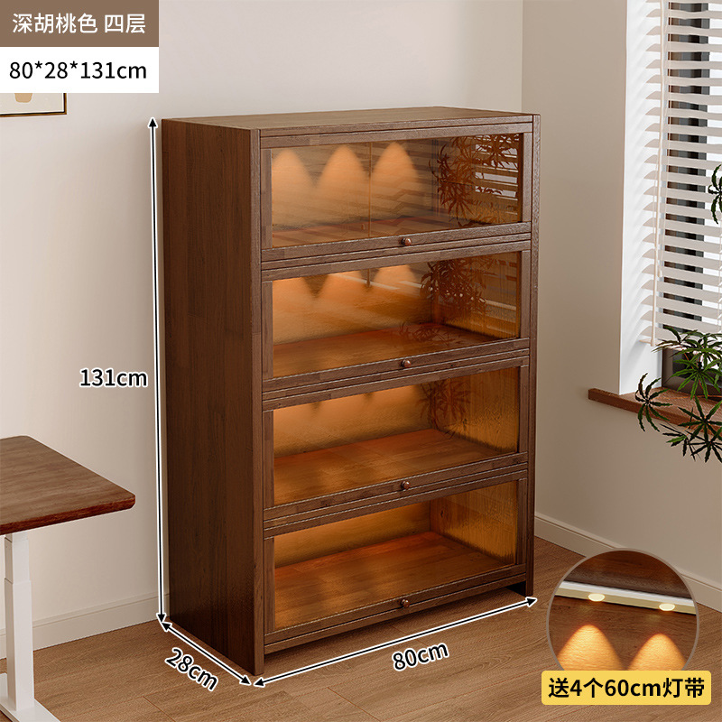 Librería de madera maciza a prueba de polvo integrada contra la pared Armario de almacenamiento de color nogal Armario de almacenamiento Armario de piso Estantería para el hogar