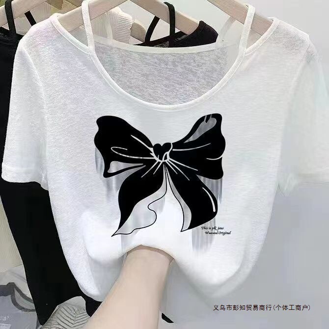 Cool and Slightly Sheer, Stylish and Comfortable Women's Fashion New T-Shirt, Regular Shoulder Short-Sleeve Summer Printed Loose Short Top
