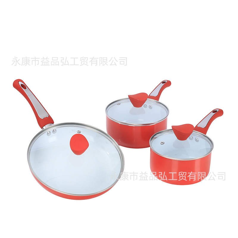 Juego de utensilios de cocina transfronterizo de aluminio sartén antiadherente conjunto de seis piezas con olla de sopa olla de leche de suplemento alimenticio olla de fondo plano sartén