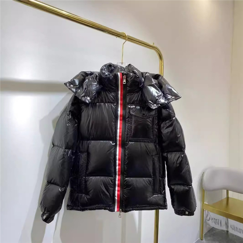 M brand Montbeliard three-color woven ribbon down jacket, striped hooded short coat, unisex style M brand Montbeliard three-color woven ribbon down jacket, striped hooded short coat, unisex style
