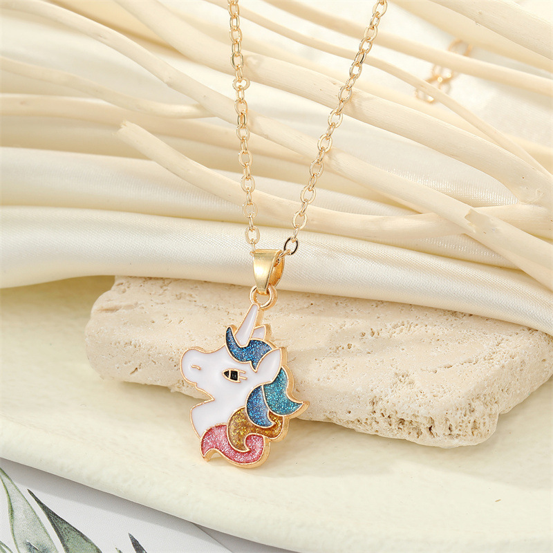 European Jewelry Cute Colorful Glitter Unicorn Necklace Earrings Women display picture 4