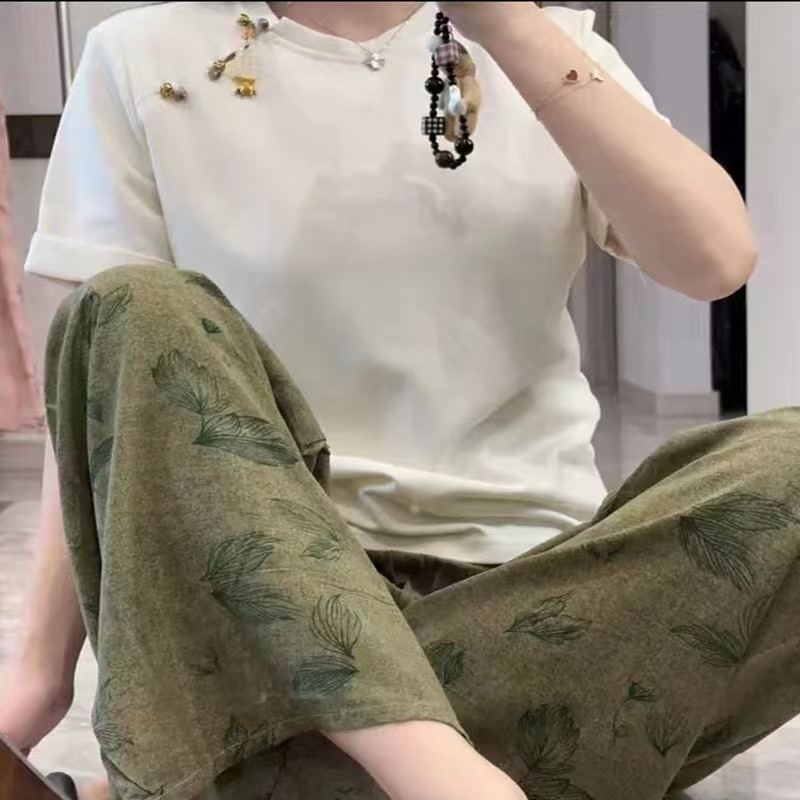 Pijama de seda de algodón para mujer, pantalones anchos de mujer embarazada de seda de algodón con estampado fino de verano