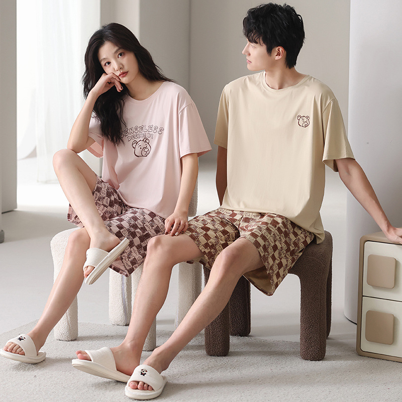 모달면 커플 잠옷 여성용 쿨 심플 베어 여름 반팔 플러스 사이즈 여름 남자 홈 옷