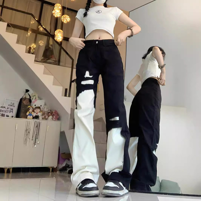 Contrast color jeans new ripped black and white loose straight pants hot girl women's irregular Denim pants damage Contrast color jeans new ripped black and white loose straight pants hot girl women's irregular Denim pants damage