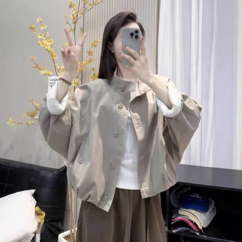 欧货英伦风立领夹克外套女2025新款宽松休闲内里条纹短款风衣上衣|undefined