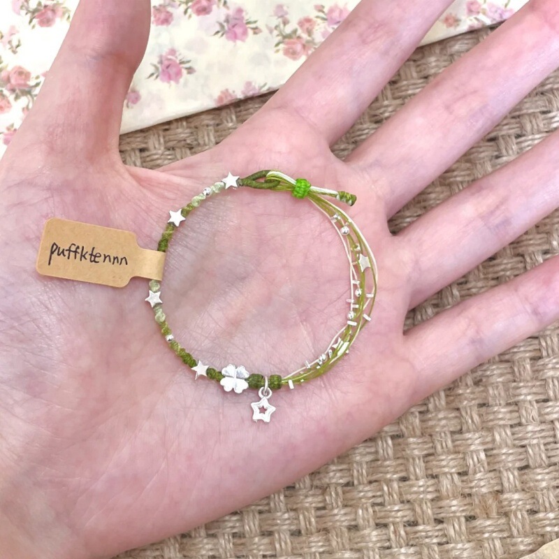 Lucky Four-Leaf Clover~Green Hand-Woven Rope Bracelet Four-Leaf Clover Star Forest Pastoral Style Bracelet Versatile in Summer