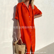 2025夏季新款欧美跨境外贸女装棉麻衬衫裙短袖连衣裙长款纽扣休闲