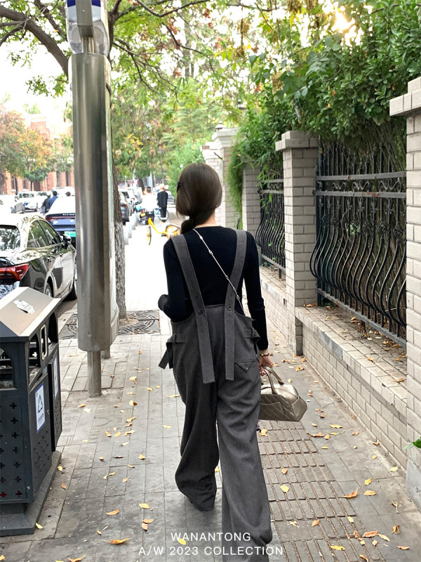 WANANTONG 小众私服UMA 自带时髦感仿羊毛人字纹背带裤休闲裤女秋|undefined