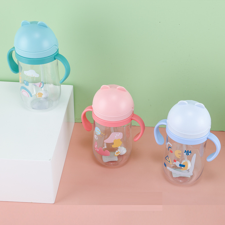 Tongqu gato 350ML paja de los niños taza de plástico taza de beber del bebé estudiante Flip taza de agua taza de beber de aprendizaje