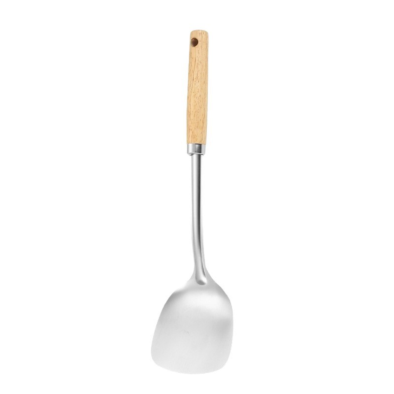 Espátula de acero inoxidable para cocinar en casa, espátula para freír, cuchara para freír, mango de madera maciza, cuchara para freír, colador de cocina engrosado, juego de utensilios de cocina