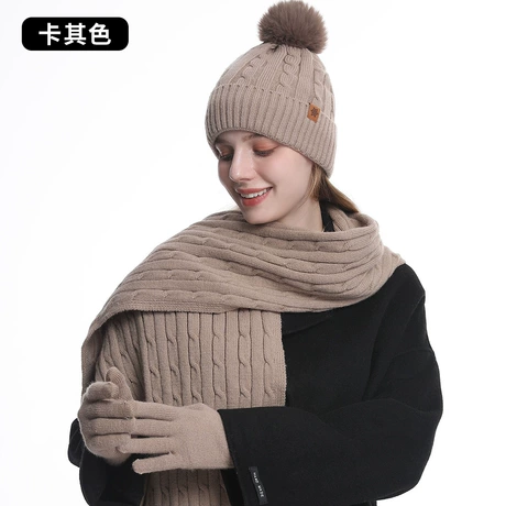 亚马逊针织帽 女冬季保暖骑行护耳毛线针织帽子围巾手套三件套