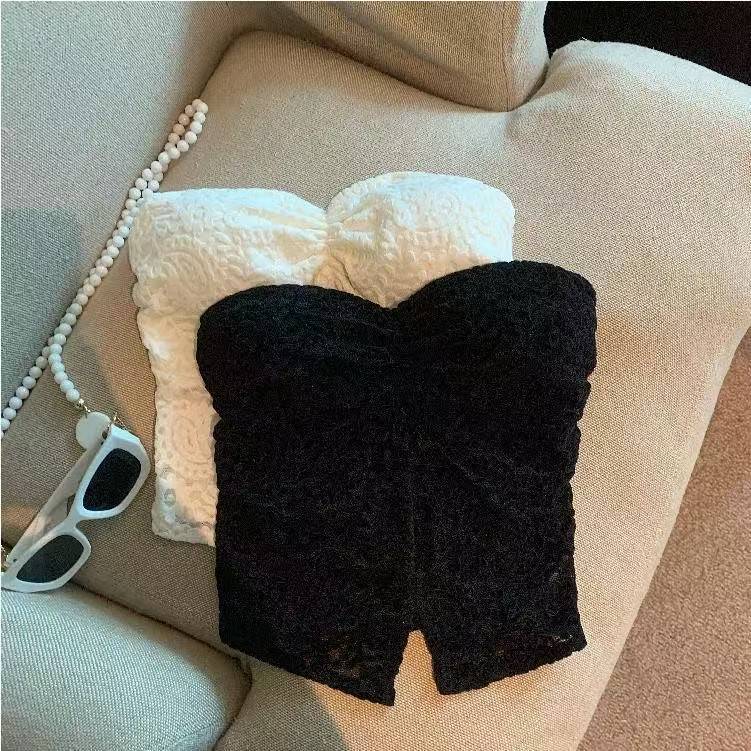 Women’s Black Lace Slit Tube Top Bustier with Built-in Chest Pads and Open Back Design — detail image 4