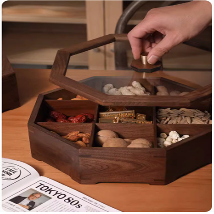 Nogal negro madera maciza octogonal Placa de fruta seca Sala hogar simple caja china compartimiento a prueba de humedad hogar sala de estar comedor caja de frutas