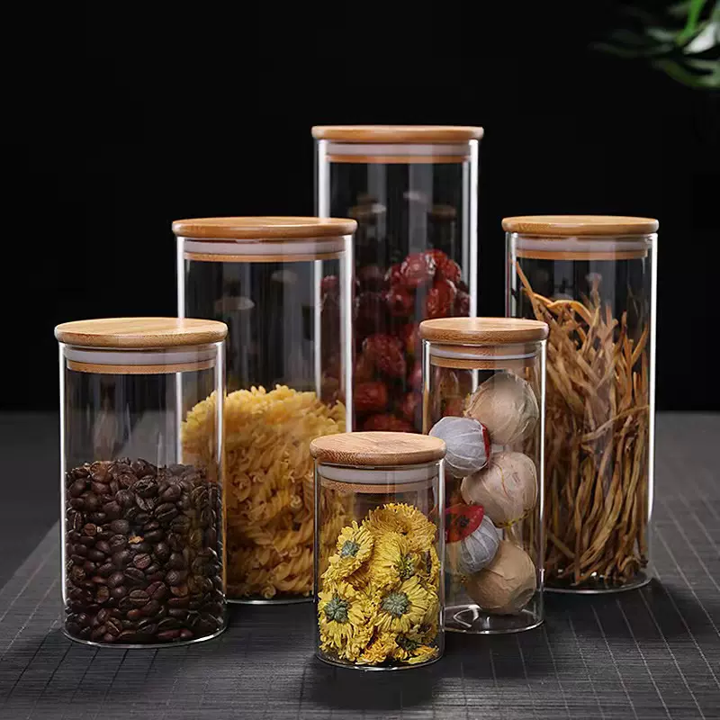批发玻璃储物罐竹盖茶叶收纳瓶 高硼硅圆形玻璃密封罐 杂粮分装罐
