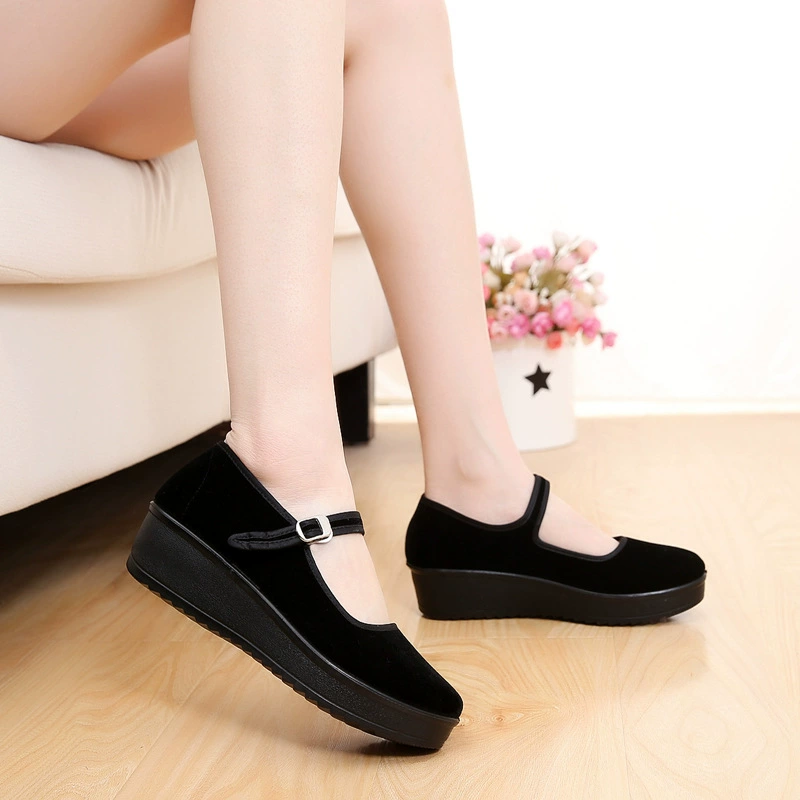 Старые пекинские тканевые туфли на толстой подошве, женская рабочая обувь, женская обувь, черные танцевальные туфли на плоской подошве на танкетке, туфли на высоком каблуке, туфли на плоской подошве, гостиничная обувь