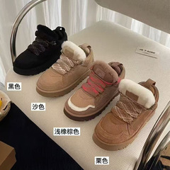 桑坡新款2025系带休闲低帮梅尔真皮雪地加绒冬季保暖加厚女棉鞋