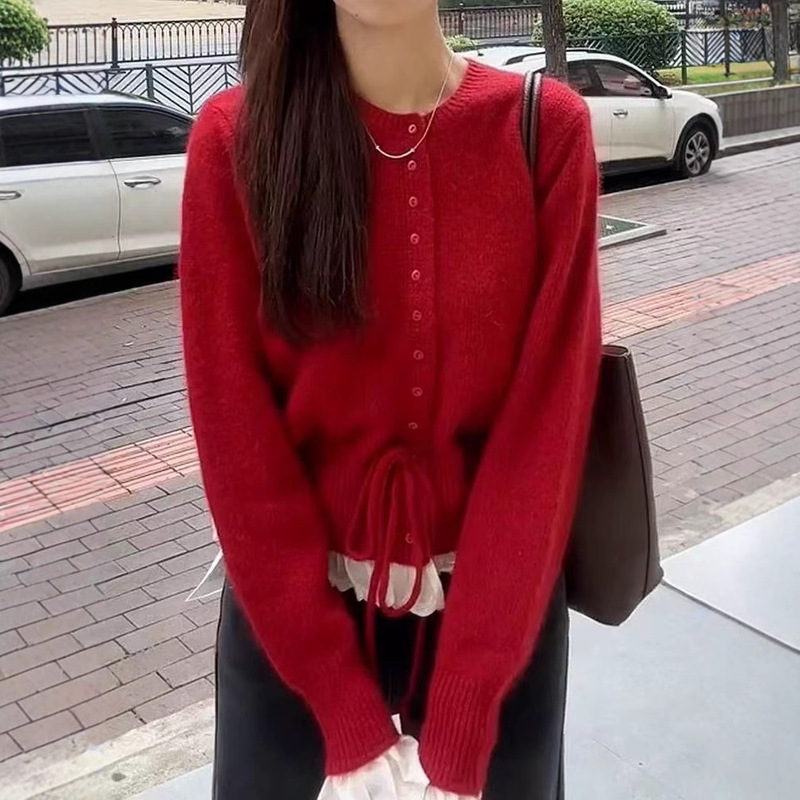 Korean Sweet Age-Reducing Lace Waist Lace-Up Sweater for Women Autumn and Winter New Knitted Cardigan for Women