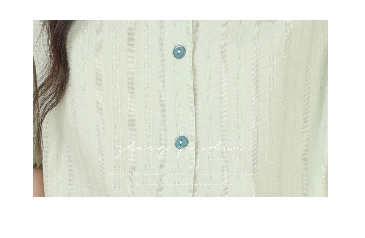 Áo sơ mi nữ cotton ngắn tay cổ búp bê xanh nhạt phong cách mới mùa hè — Màu xanh lục nhạt chi tiết 5