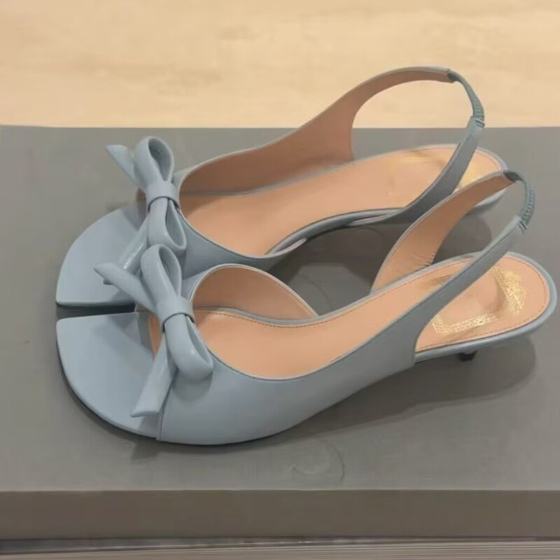 Girly French-Style Gentle Bow-Knot Open-Toe Sandals in Light Blue, Fashionable Square-Toe Side-Cut High Heels for Women with Thin Heels