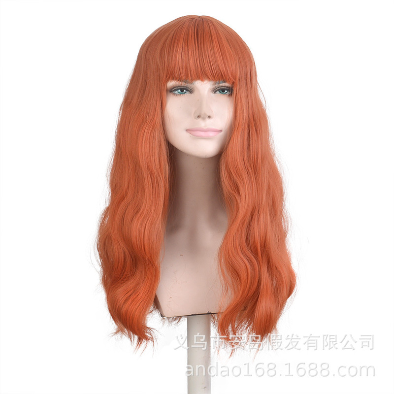 Factory Direct sale one-piece delivery coral color bangs long curly wig head cover Factory Direct sale one-piece delivery coral color bangs long curly wig head cover