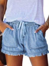 U 69311 Elastic Waist Fringe Denim Shorts ����ţ�ж̿�