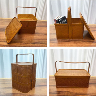 Vintage bamboo multi-layer food box handmade bamboo basket tea set storage box gift packing household bamboo basket for hotel