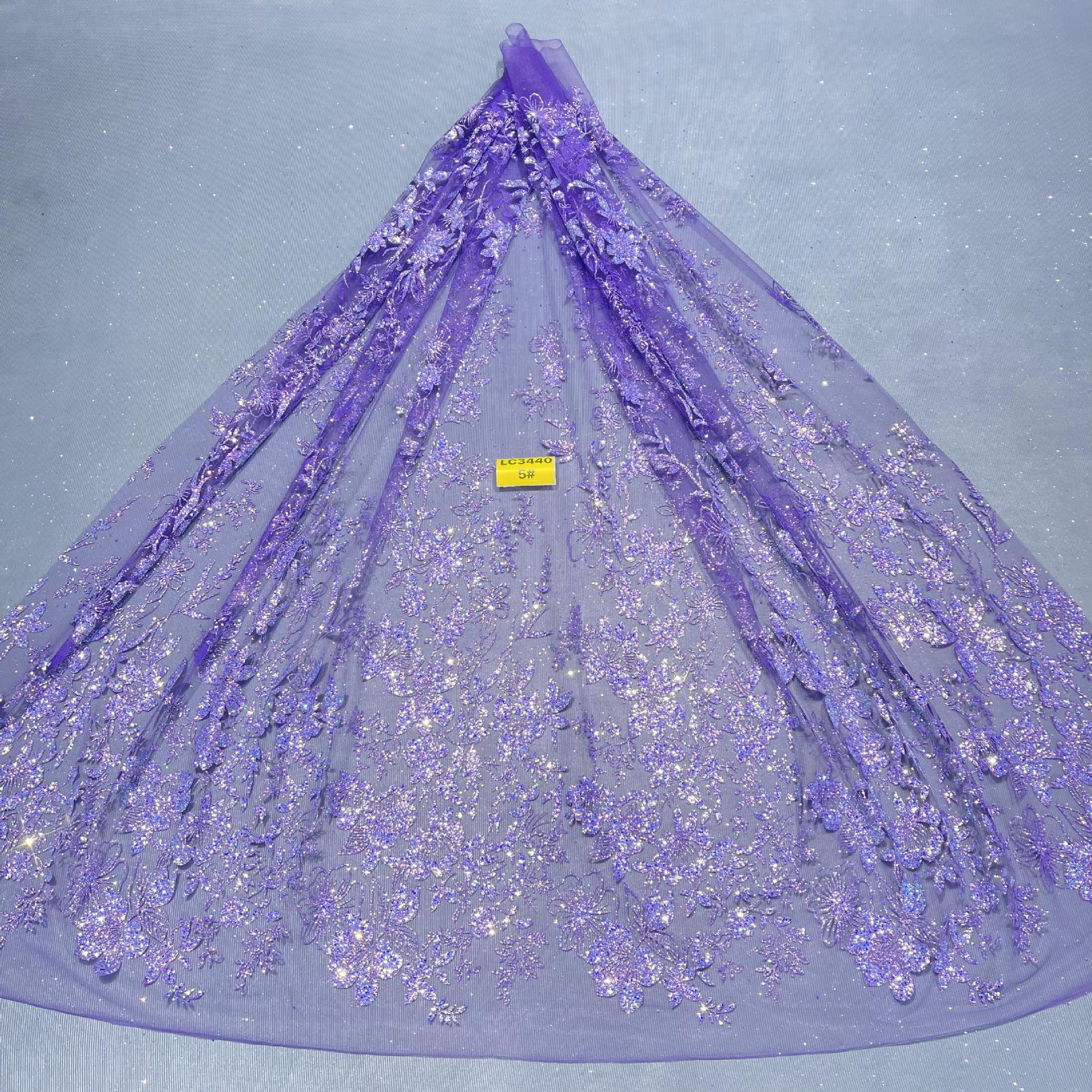 LC3440款花型5号胶底 10Y起订 婚纱礼服面料 网纱洒金片 喷金面料