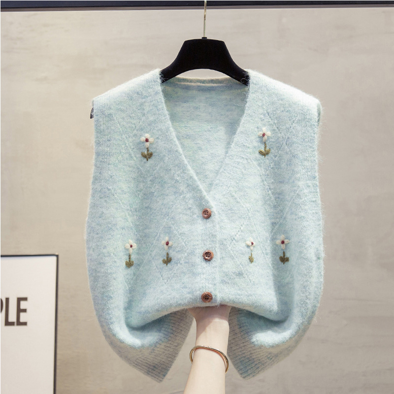 2025 Spring and Autumn New Style V Neck Embroidered Knitted Cardigan Women's Sweater Diamond Vest Loose Outer Waistoutwear Vest Trendy