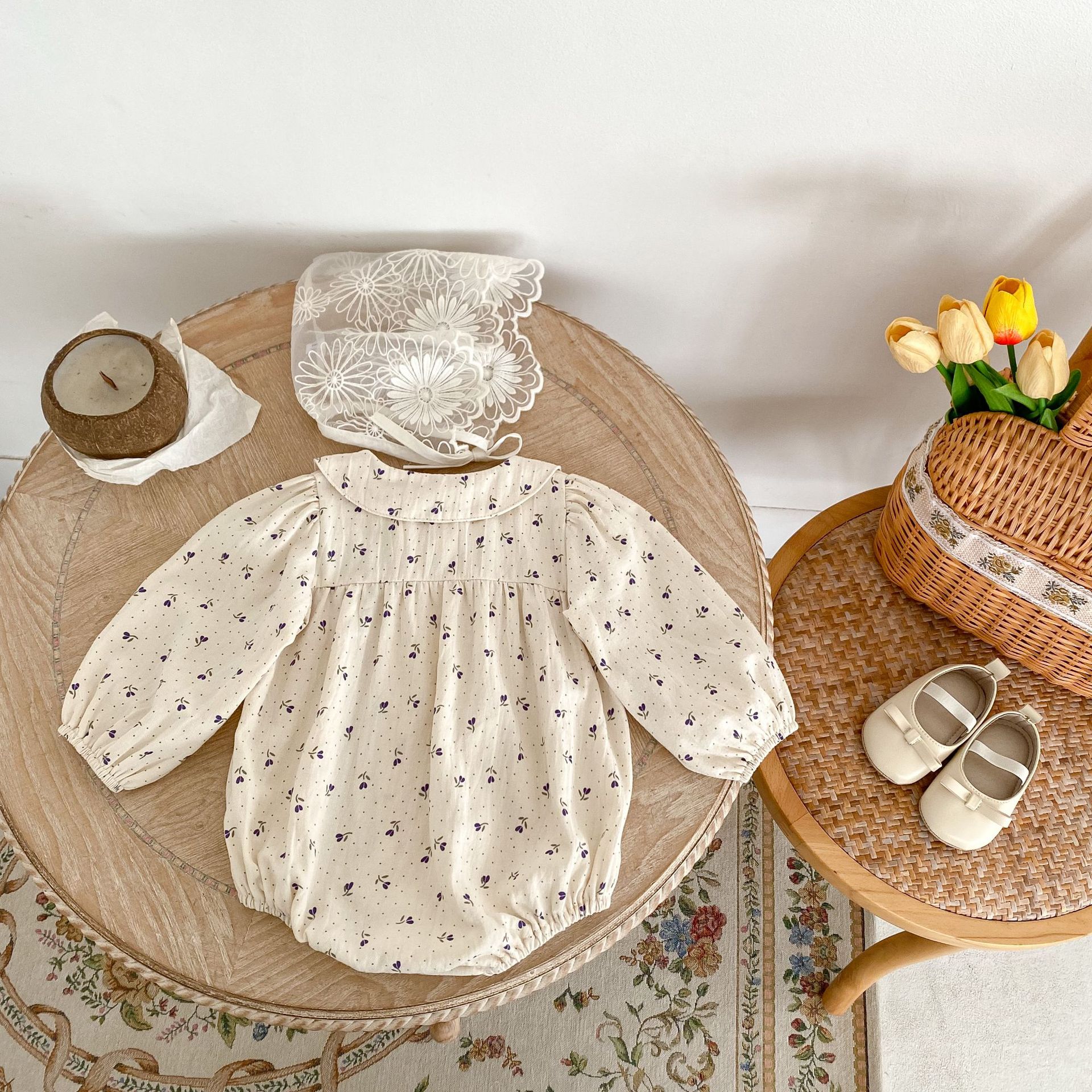 Cotton children's clothing 2024 autumn new item for infants and young girls, long sleeved khaki, wavelet dot flower_voghion.com