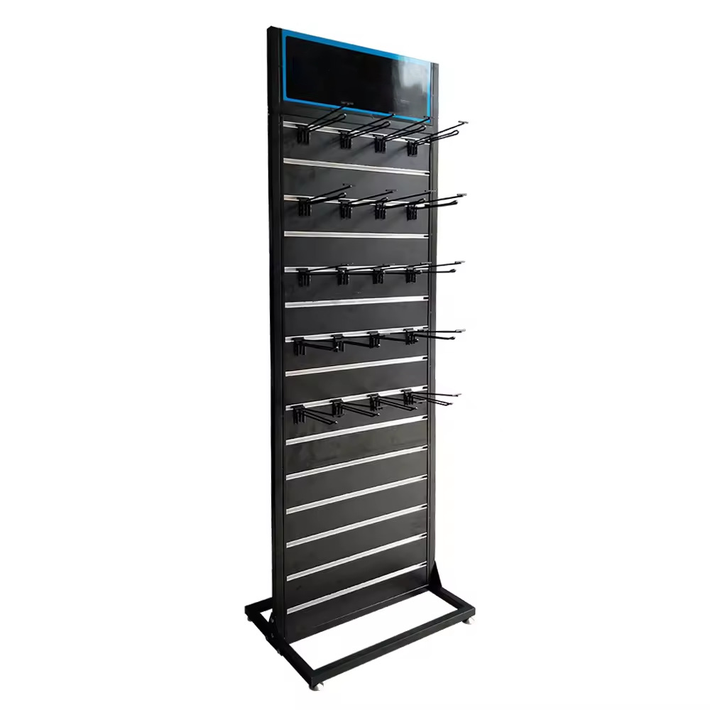 Professional Custom Metal Slatwall Hooks Mobile Accessories Display Stand Store Floor Promotion Rack Slot Board Wall Shelf