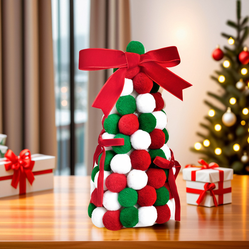 クリエイティブで絶妙なポリエステル赤、緑、白のクリスマスカラーの小さなファーボール手作りリボンクリスマスツリーオーナメントデスクトップ装飾|undefined